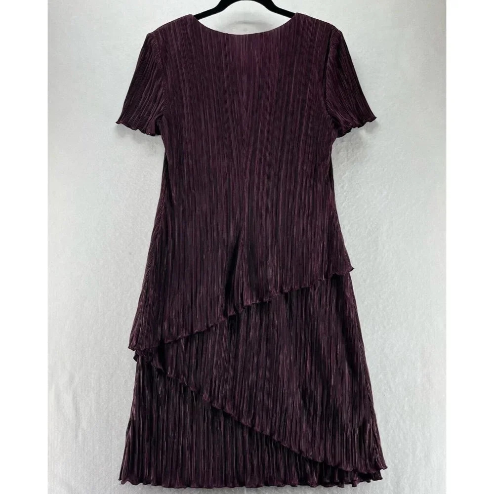 Dressbarn Dress Size 8 Shift Midi Pleated Layered Short Sleeve Pullover Purple - Picture 2 of 12